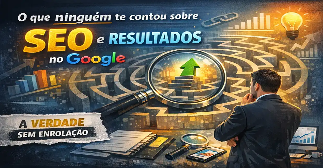Ilustração mostrando um labirinto com uma lupa no centro representando a complexidade do SEO moderno