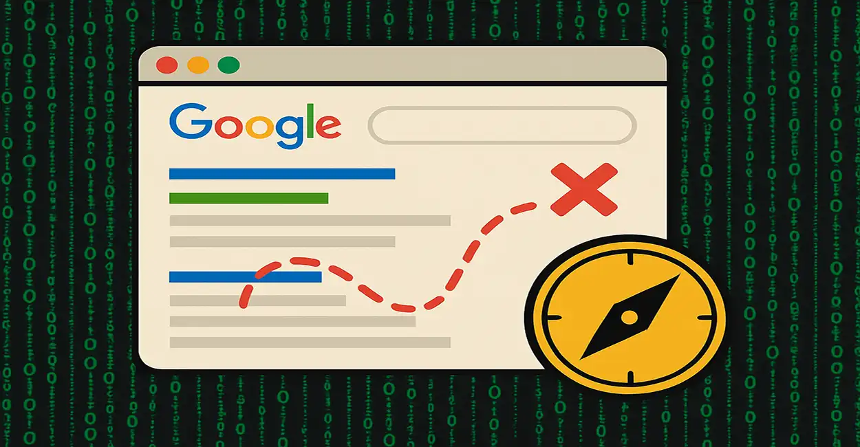 SERP como mapa secreto do Google com códigos caindo estilo Matrix